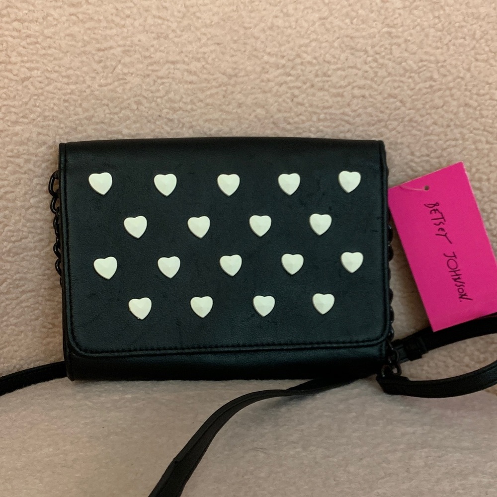 Betsey Johnson Black Crossbody with White Heart Studs